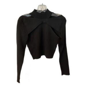 VERY J SIZE LARGE BLACK RIBBED MOCK NECK CRIOPPED COLLARBONE CUTOUT SWEATER